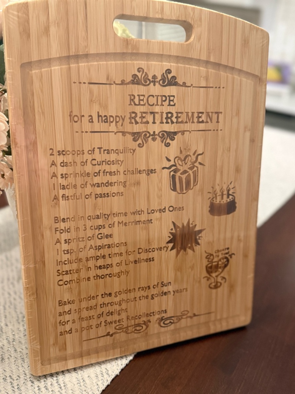 NWT. Bamboo Engraved Cutting/Serving Board - Engraved Retirement gift